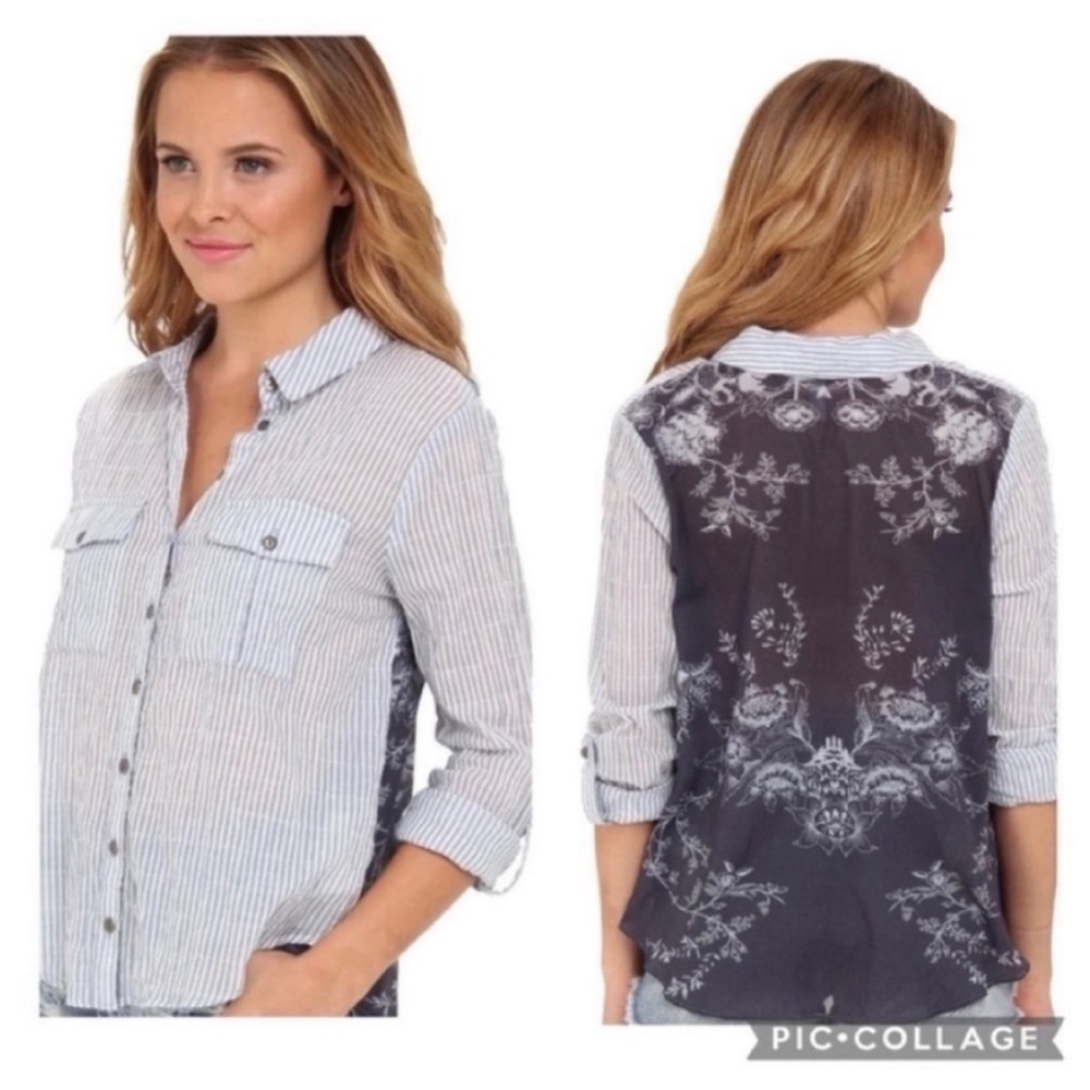 Free People Party in the Back shirt blue striped Oxford combo floral sheer